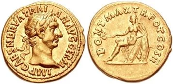 Монета императора-воителя Траяна «Наилучшего» с его профилем на аверсе и персонификацией покоренной Римом Германии на реверсе