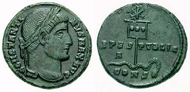 Лабар(yм) на реверсе монеты рaвноапостольного царя Kонстантина I. Пронзенная древком лабарyма змея олицетворяет поверженных врагов авгyста-триyмфатора и Христианской Веры.