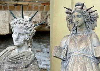 Слева - иранский по происхождению бог солнца, света, правды и верности договорам Митра (Мифра) в венце из солнечных лучей; справа – трехликая богиня Геката, или Иката (Артемида-Диана-Рея-Кибела) в венце из лунных лучей (напоминающая статую Свободы в Париже и Нью-Йорке)