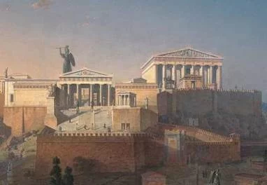 Один из вариантов реконструкции афинского Акрополя со статуей богини мудрости Афины (аналога римской Минервы).