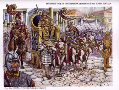 Август Констанций II торжественно въезжает в Первый Рим на триумфальной колеснице
