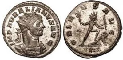 Монета императора-солнцепоклонника Домиция Аврелиана (аверс) с изображением его бога - Непобедимого Солнца (реверс).