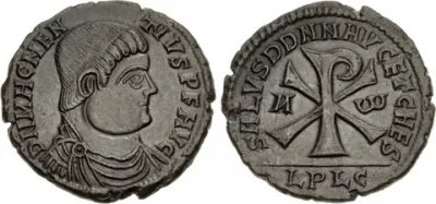 Монета узурпатора-язычника Магна Магненция как это ни странно, с «хризмой», или «христограмой» - символом Христа и Христианства