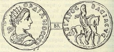 Авгарь, царь Осроенский, современник римского императора Гордиана III (238—244). На левой стороне медали изображен император Гордиан, на правой - Авгарь на коне с надписью ΑΒΓΑΡΟC ΒΑСΙΛΕVC (Авгарь царь)