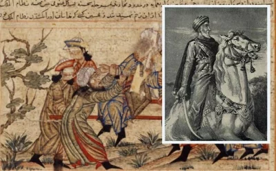 Убийство батинитом вазира сельджукского султана (слева) по приказу «горного старца» Гассана ибн Саббаха (справа).