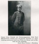 Своему дорогому другу и единомышленнику князю Павлу Михайловичу Авалову — в дружеское воспоминание о нашей прежней совместной работе на благо Родины и ввиду будущей. Гвардии полковник барон фон Розенберг. (Seinem lieben Freunde und Gesinnungsgenossen Fürst Pavel Michailowitsch Awaloff zum freundlichen Gedenken an unsere bisherige gemeinsame Arbeit zum Wohle der Heimat und im Hinblick auf eine zukünftige. Garde-Oberst Freiherr v. Rosenberg.)