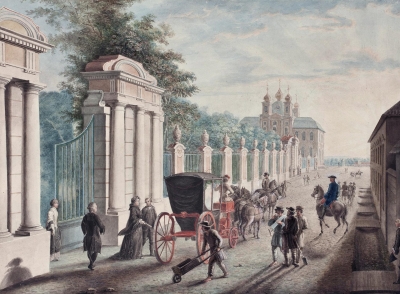 Отъезд Екатерины II из Петергофа в день дворцового переворота 28 июня 1762 года. Неизвестный художник. Россия, Санкт-Петербург, 1760-е гг.  Бумага, наклеенная на картон, акварель, гуашь, 26х35,1 см. ГЭ