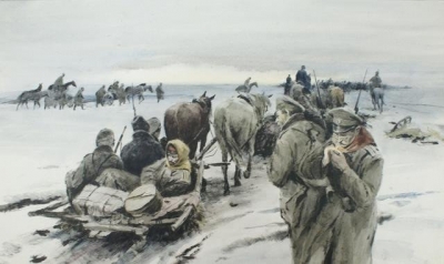 Отступление армии Корнилова из Ростова. Иллюстрация к роману М.А. Шолохова "Тихий Дон". Ребров Юрий Петрович. Место создания: СССР, РСФСР, Ростовская обл., Ростов-на-Дону. 1961-1970 гг. Бумага, акварель, 59х32 см. ГИМ