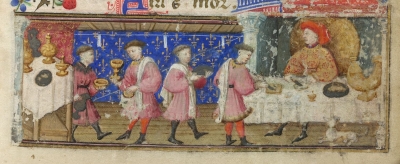 Jean de Dunois ? table (d?tail d’une miniature), Londres, British Library, Heures de Dunois, fo 1, vers 1440-1450 (apr?s 1436).