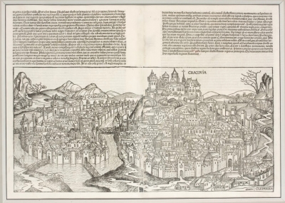 Самый старый вид Кракова из: "Registrum huius operis libri cronicarum ..." ("Liber Chronicarum") Хартманна Шеделя (1440-1514), врача и историка из Нюрнберга . Панорама города с севера, точно отражающая топографическую планировку его части: так называемый Окол, расположенный внутри стен, Казимеж, отделенный притоком реки Вислы, с видом на город с юга от Вавеля и пригородный Клепарз. Начиная с Владислава Локетека, все польские короли были коронованы в Кракове (только Станислав Лещинский и Станислав Август Понятовский были коронованы в Варшаве ). Именно здесь, в залах Вавельского замка , собирались коронационные парламенты, коронационные знаки и важнейшие документы Королевской канцелярии хранились в сокровищнице короны. Церемония коронации включала в себя: парад избирателя по городу от Флорианских ворот до Вавельского замка, похороны предшественника в Вавельском соборе, паломничество в церковь «На Скальце», коронацию в Вавельском соборе и дань уважения жителям Кракова на Рыночной площади.
