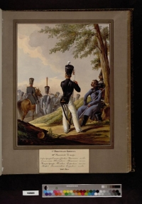 4 Пехотного корпуса 10-й Пехотной Дивизии. Обер-Офицер Екатеринбургского Пехотного полка; Сигналист Тобольского пехотного полка; Унтер офицер Томского егерского полка; Рядовой Колыванского Егерского полка. Шифляр, Саймойло Петрович, Автор рисунка: Зауервейд, Александр Иванович, Гравер: Белоусов, Лев Александрович.  1816-1840 гг., бумага, литография раскрашенная, 40х31 см. ГЗ