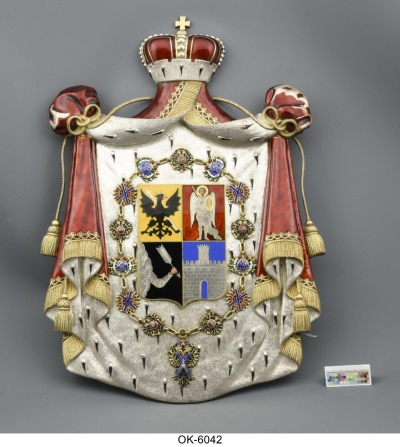 Герб князей Долгоруких. Фирма И.П.Хлебникова. 1885 г. Россия, г. Москва. Серебро, эмаль, чеканка, гравировка, золочение, живопись, 29,2х20,3 см. ГИМ