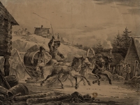 Военный и денщик в зимней кибитке, запряженной тройкой Россия, 1826 г. Орловский, Александр Осипович. 1777-1832. Тонированная бумага, литография, 42х57,5 см. ГЭ