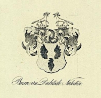 Герб барона фон Дибич-Нартен. Лист из издания «Vollstaendiges Wappenbuch des Kurlaendischen Adels... [Полная геральдическая книга дворянства Курляндии...]». Шаберт Давид Эрнст (литограф), литография. 1840. Бумага, литография по гравюре, 24 x 18 см. Место создания: г. Митава. Музей-панорама