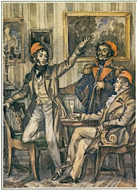 Открытка. 7. 1817 год. Александр Пушкин, Денис Давыдов и Василий Львович Пушкин. Иванов Ю. В. 1987. г. Москва. Бумага покрытая глянцем, печать типографская, 14,8 х 10,5 см.