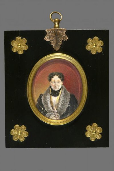 Портрет балетмейстера К.Дидло. Неизвестный художник (Автор копии), Баранов Василий Венедиктович (Автор оригинала). Россия. Санкт-Петербург. 2-я четверть XIX в., кость, гуашь, 6,8 х 5,5 (овал) 12,8 х 11,5 (рама).