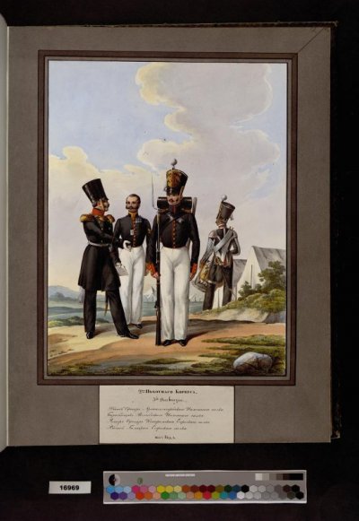 2-го Пехотного корпуса 5-й Дивизии. Штаб-Офицер Архангельского Пехотного полка; Барабанщик Вологотского Пехотного полка; Унтер Офицер Костромского Егерского полка; Рядовой Галицкого Егерьского полк. Неизвестный гравер, Зауервейд, Александр Иванович, Шифляр, Саймойло Петрович. 1816-1840 гг. Бумага, литография раскрашенная, 40х31 см. ГЭ