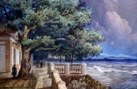 Вид террасы Монплезира в Петергофе. Дорогов, Александр Матвеевич. 1819-1850. Дорогов, Александр Матвеевич. 1819-1850. Серия видов Москвы и Петербурга 1840-х гг. Бумага, акварель, 25,4х38,1 см. ГЭ