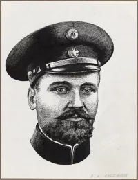 Рисунок «Портрет В.И. Альбанова». Богданов Евгений Владимирович, г. Москва, 2000-е. Бумага, тушь черная, фломастер (черного цвета), ручка гелевая, карандаш, рисунок, рукопись, 420x296 мм. ФГБУК "Музей Мирового океана"