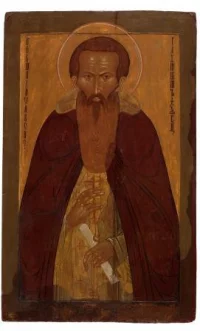 Икона «Дионисий Глушицкий». XVII век. Доска, паволока, левкас, темпера, 109,0×68,0×3,0 см. ФГБУК "Кирилло-Белозерский историко-архитектурный и художественный музей-заповедник"