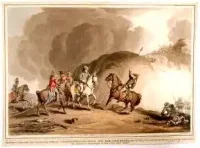 Гибель генерала Моро под Дрезденом. Аткинсон Дж. А. Лондон, 1813 г. Бумага, гравюра раскрашенная, 24,9х33,9 см. ФГБУК "Государственный музей истории российской литературы им. В.И. Даля"