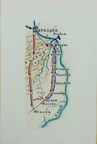 Схема движения войск от Дрездена к Кульму. Иллюстрация к книге Длуголенского Я.Н. Солдаты России. СПб., 2001. Рисунок. Алексеев Владимир Федорович. 1991-1992 гг. 14,7 х 9,5 см. ВИМАИВиВС