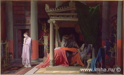 «Антиох и Стратоника», 1840 г.  Художник Жан Огюст Доминик Энгр (1780-1867)  Жан Огюст Доминик Энгр — французский художник, живописец и график, общепризнанный лидер европейского академизма XIX века. Получил не только художественное, но и музыкальное образование: в молодости играл в оркестре Тулузской оперы, общался с Никколо Паганини, Луиджи Керубини, Шарлем Гуно, Гектором Берлиозом и Францем Листом.  Картина написана на сюжет из греческой истории.  Стратоника Сирийская, дочь македонского царя, еще в раннем возрасте была помолвлена с сирийским царем Селевком, который был намного старше неё. После их свадьбы серьезно заболел один из сыновей Селевка — Антиох.   Придворный врач Эразистрат определил, что причиной болезни царевича была неразделенная любовь к мачехе, Стратонике. Царь уступил сыну молодую жену; после этого Антиох получил титул царя и отправился управлять частью отцовской империи. Брак, по всей видимости, был благополучным.