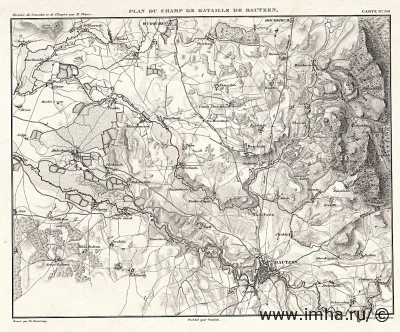 План сражения при Бауцене (Plan du champ de bataille de Bautzen). 1845-1862 гг. г. Париж, 1845-1862 гг. Бумага, гравюра, 25,4х36,4 см. Карты и планы из книги А.Тьера «Histoire du Consulat et de l'Empire : faisant suite à l'"Histoire de la Révolution française".