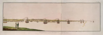 Вид порта и города Ахтиар, будущего Севастополя. Саксония, Лейпциг, 1799-1801 гг. Гейслер, Христиан Готтфрид Генрих (1770-1844). Бумага, офорт, акварель, гравюра 24,5х67,5 см. Серия гравированных иллюстраций к трудам П. С. Палласа о народностях, населяющих юг России и Крым. ГЭ