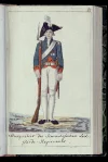 Мушкетер Лейб-Гвардии Измайловского полка. Гейслер, Христиан Готтфрид Генрих (1770-1844). Россия, Санкт-Петербург, 1793 г. Бумага голубая, офорт, акварель, 21,3х13,3 см; 8,8х11,1 см (рамка); 17х10,3 см. ГЭ