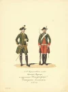 Офицер и фузилер лейб-гвардии Измайловского полка в повседневной форме образца 1773 года. Шифляр, Самойло Петрович (1786-1840). Россия, 1830-е гг. Бумага, акварель, 32,7х24,5 см. Акварели с изображениями форм лейб-гвардии Измайловского полка. ГЭ