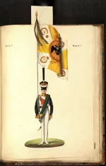 Портупей-прапорщик лейб-гвардии Измайловского полка (знамя на плече). Россия, Санкт-Петербург, 1824 г. Неизвестный художник, перв. четв. XIX в. Бумага, офорт, акварель, гуашь, лак, 39,5х25 см. ГЭ