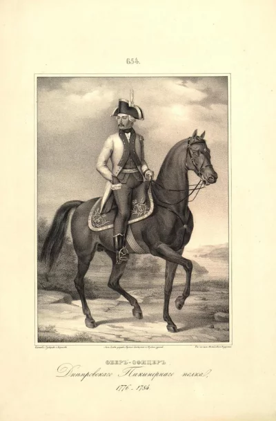 Обер-офицер Днепровского пикинерного полка. Автор рисунка: Михайлов на камне; Автор рисунка: Андерсон на камне; Соcтавитель: Губарев, Пётр Кириллович (1818-?); Соcтавитель: Борисов. Россия, Санкт-Петербург, 1844 г. Рисунки къ историческому описанiю одежды и вооруженiя россiйскихъ войскъ. Литография, бумага китайская, 39,3х27 см. ГЭ