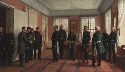 Представление пленного Османа-Паши Александру II в Плевне. Дмитриев-Оренбургский, Николай Дмитриевич (1837-1898). Россия, 1887 г. Холст, масло, 105х181 см. ГЭ