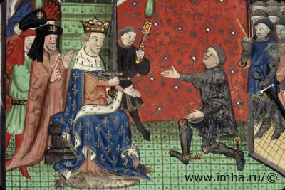 Бертран дю Геклен назначен коннетаблем Карлом V - Хроника Бертрана Дю Геклена - Кувелье ; Миниатюрный фронтиспис - XV в. (первая половина), IRHT