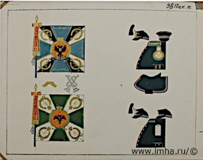 Таблица интендантская. Формы обмундирования и полковые регалии 98-го пехотного Юрьевского полка на 1870 г. Россия, 1870-1881 гг. Бумага, хромолитография, 11,3 х 14,2 см - лист, 10,1 х 13,2 см - изображение (рамка). СПб. ГБУК "Государственный мемориальный музей А.В. Суворова"