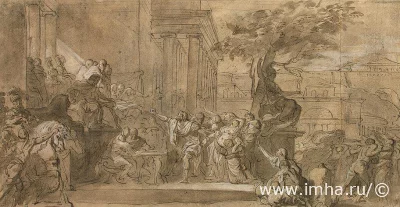 Смерть Виргинии. Дуайен, Габриэль-Франсуа (1726-1806). Франция, 1756-1758 гг. Бумага; перо тушью, кисть серым тоном, черный мел, белила, 27,7х53,5 см. ГЭ