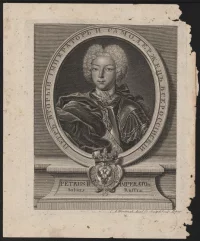 Портрет императора и самодержца всероссийского Петра II (1715-1730). Перепечатано с Христиана Альберта Вортмона (Wortmann Christian Albert, 1680-1760). Последняя треть XVIII в. Бумага, гравюра резцовая, 24х19,3 см. ГБУК Московской обл. "Государственный историко-художественный музей "Новый Иерусалим"