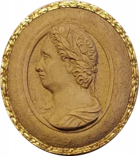 Бюст Кромвеля в профиль. Слепок с резного камня в бумажной оправе. Россия, Санкт-Петербург, XIX в. Гипс тонированный, бумага, позолота, 27х25 мм. ГЭ