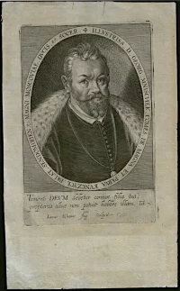Портрет Мнишека Ежи (1548-1613); государственный и военный деятель Речи Посполитой, польский магнат, отец Марины Мнишек. Килиан Лукас (Lucas Kilianus 1579-1637). Западная Европа, 1606 г. (?). Бумага верже с водяным знаком, гравюра резцом, 15,8х12,3 см (из.); 19,2х12,7 см (д.); 27,5х16,5 см (л.). ФГБУК "Всероссийский музей А.С. Пушкина"