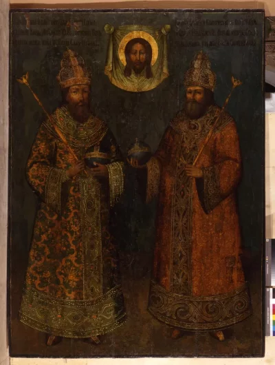Парная парсуна Михаила Феодоровича и Алексея Михайловича. 1677 г. Москва, 1677 г. 261,8х191,8 см. ГИМ