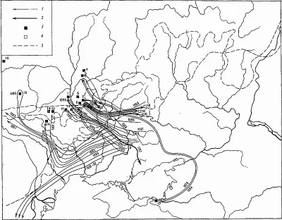 Рис. 2. Карта взаимоотношений Руси и половцев (половецких и русских походов) в первый период половецкой истории
