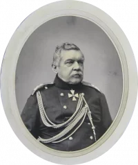 Портрет Николая Николаевича Муравьева-Карского. Шерер (?) Мартин Николаевич (фотограф, владелец ателье) ?-1883. Российская империя, г. Москва, 1862-1864 гг. Картон, отпечаток на соленой бумаге, лак, 19,8х15,8 см (овал в просвете); 24,6х20,3х0,3 см (овал). ГИМ