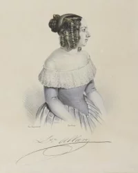 Портрет Луизы Аллан, гравюра. Неизвестный литограф. Щуровский Д. Н. (автор рисунка). Россия, 1840-е. Бумага, литография, акварель, 247х203 мм. Государственный музей изобразительных искусств имени А.С. Пушкина