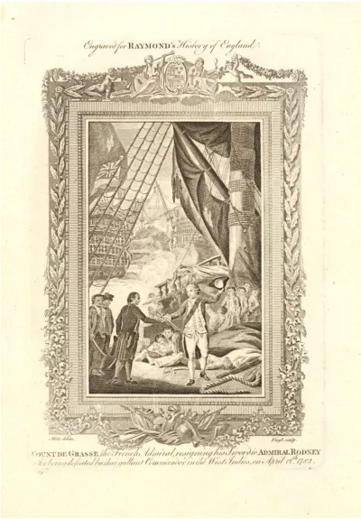Адмирал, граф де Грасс сдает свою шпагу адмиралу Роднею 12 апреля 1782 г. Гравюра из «Истории Англии» Раймонда, ок. 1785
