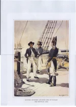 Marine-Offiziere an Bord und in Parade und Matrose 1820. Морские офицеры в повседневной и парадной форме и моряк в парадной форме в 1820 году.