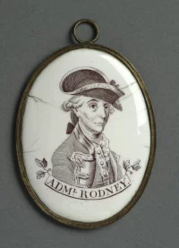 Портрет адмирала Роднея. Неизвестный художник, Ливерпуль, Англия, 1780 г. Эмаль на меди с орнаментом, нанесенным методом трансферной печати; металлическая рама, 5,2 х 5,1 см. Портрет адмирала Роднея. Неизвестный художник, Ливерпуль, Англия, 1780 г. Эмаль на меди с орнаментом, нанесенным методом трансферной печати; металлическая рама, 5,2 х 5,1 см. Philadelphia Museum of Art