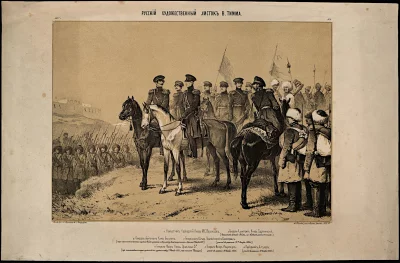 Груповой портрет: Кавказский наместник, князь М.С. Воронцов с генералами и офицерами - участниками Турецкой компании 1853 года на Кавказе: генералы - князь А.И. Барятинский, князь Бебутов, князь Орбелиани, Индрениус; полковник Алтухов, подполковник Циммерман 1854 г. Тимм, Василий Фёдорович (1820-1895). Автор рисунка: Тимм, Василий Фёдорович (1820-1895). Россия, Санкт-Петербург, 1854 г. Бумага; литография с тоном, 36х55 см. ГЭ