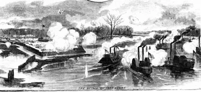 Канонерские лодки флаг-офицера Эндрю Х. Фута в бою с батареями конфедератов в форте Генри. У Фута: броненосные и деревянные суда с боковыми колесами, вооруженные пушками и укрепленные пятидюймовой дубовой обшивкой.