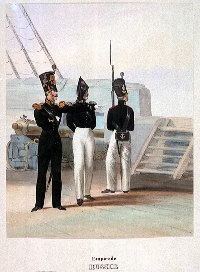 Матрос, офицер-артиллерист гребного отделения и солдат Гвардейского экипажа, 363 mm x 260 mm, National Maritime Museum, Greenwich, London.